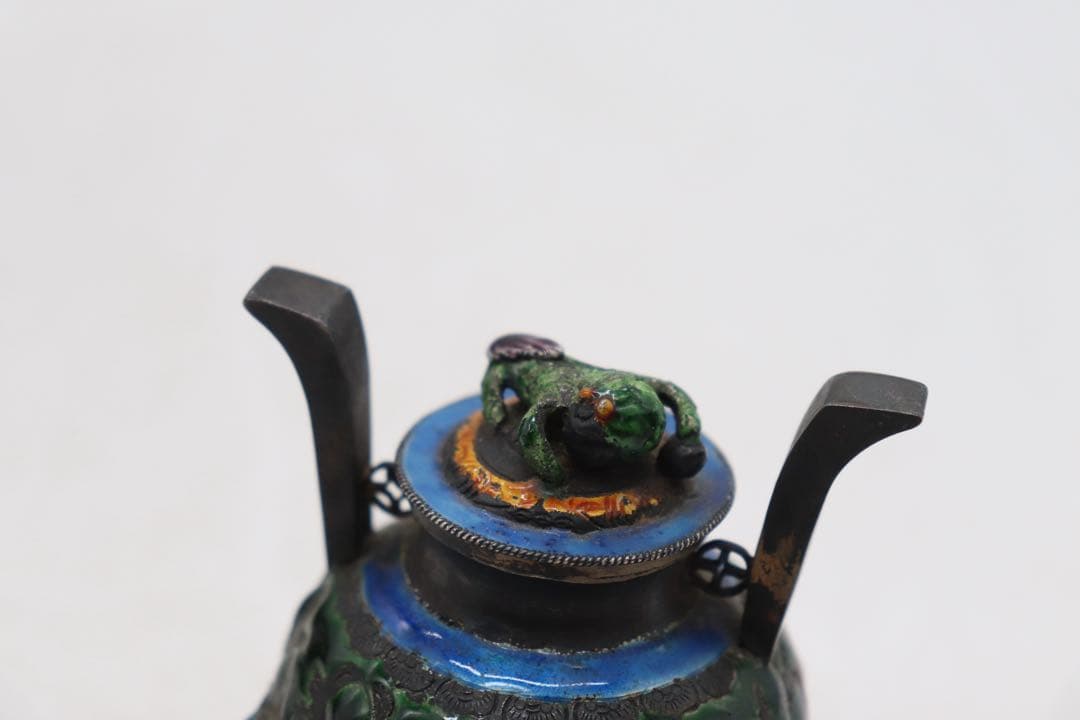 中国　清時代　福寿　銀製七宝焼獣足香炉　木箱入　送料込み250509