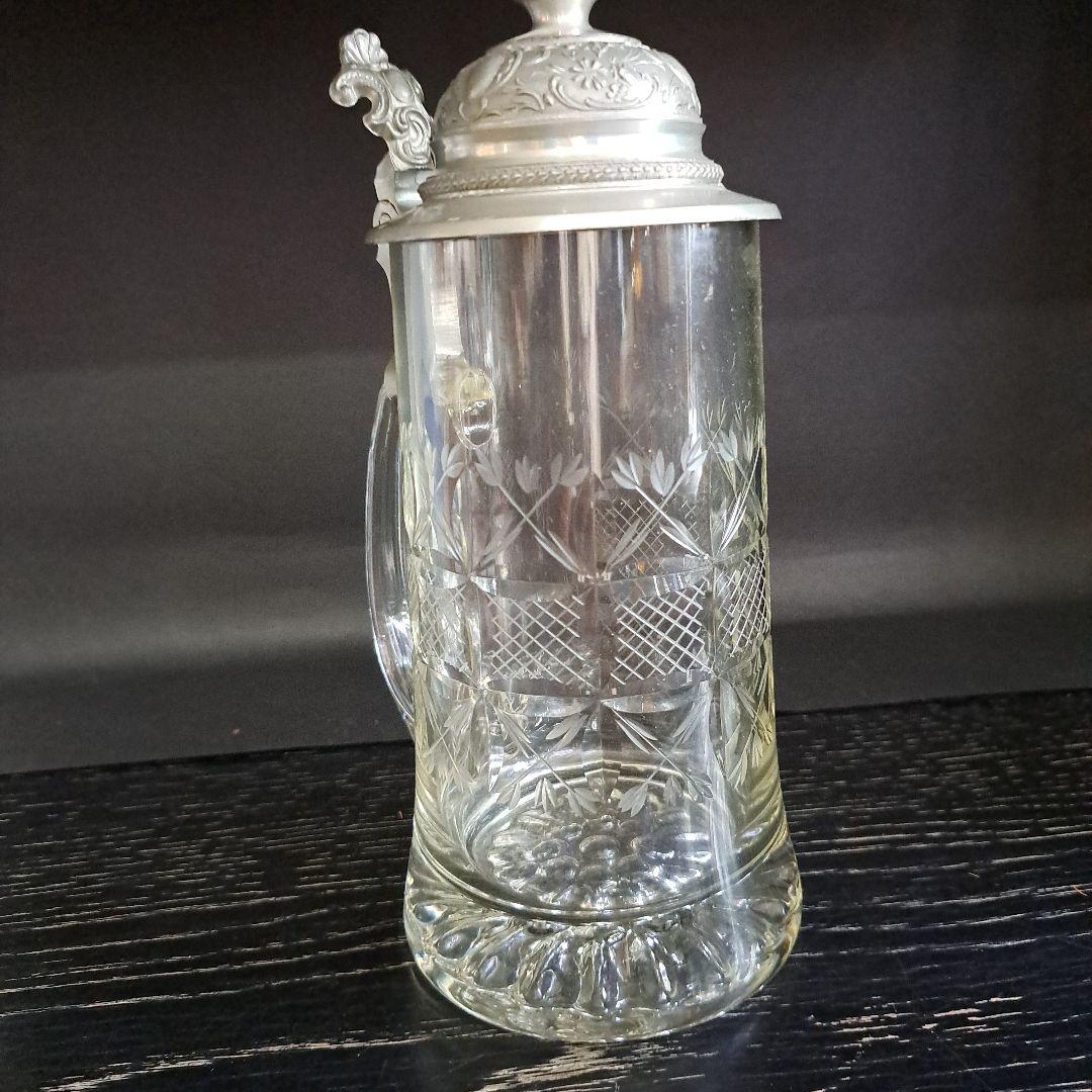 明治初期　極上　天満切子　錫蓋　ジョッキ　クリスタル硝子