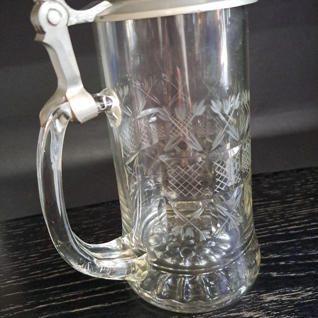 明治初期　極上　天満切子　錫蓋　ジョッキ　クリスタル硝子