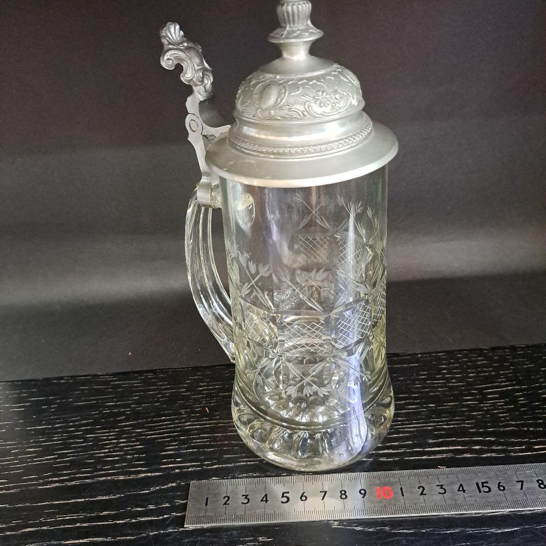 明治初期　極上　天満切子　錫蓋　ジョッキ　クリスタル硝子