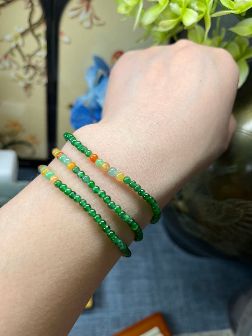 新入荷❣️貴重‼️18kビーズ入り、ロウカン質氷種満陽緑ビーズ&【幸運】四葉草ブレス