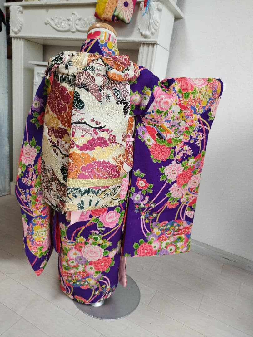 専用です☆アンティーク紫に百花繚乱着物と帯セット☆七五三３歳