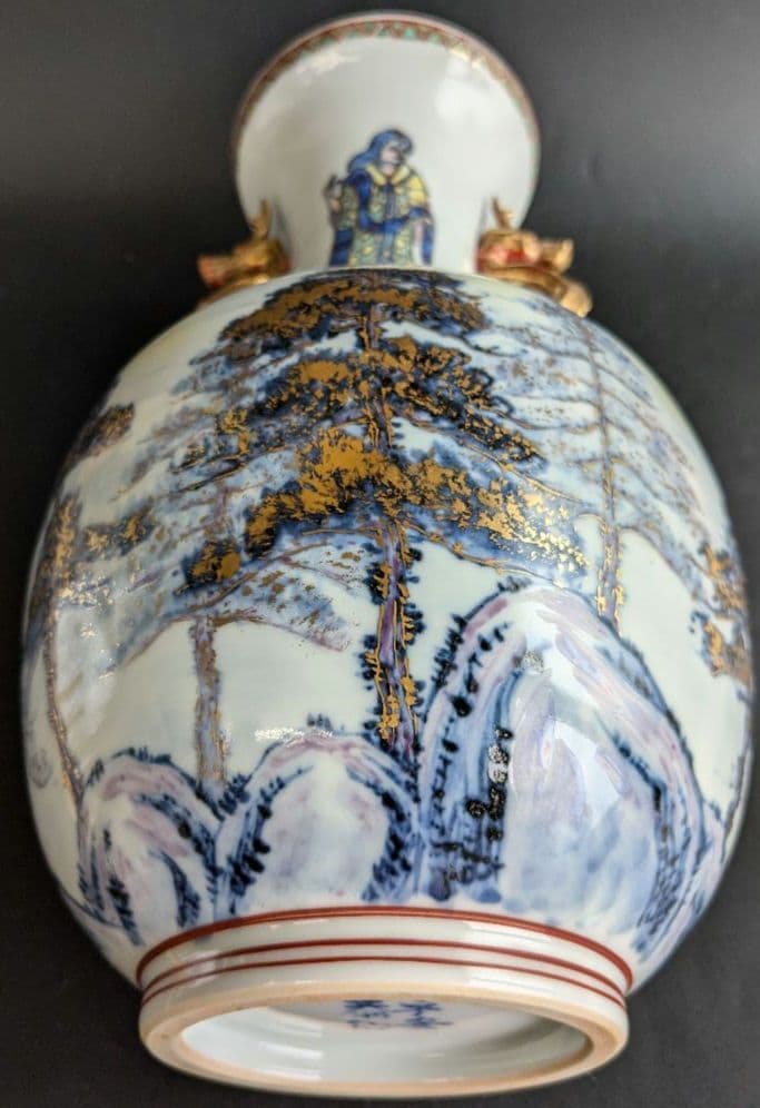 金彩染付彩色松文双耳壷