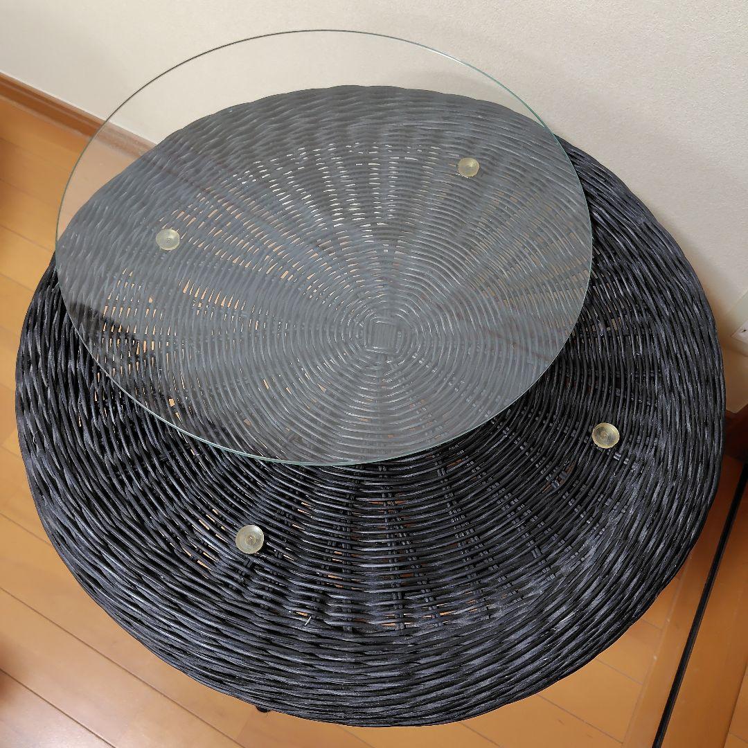 ニトリ　円形　ガラス天板　ラタン　テーブル　黒