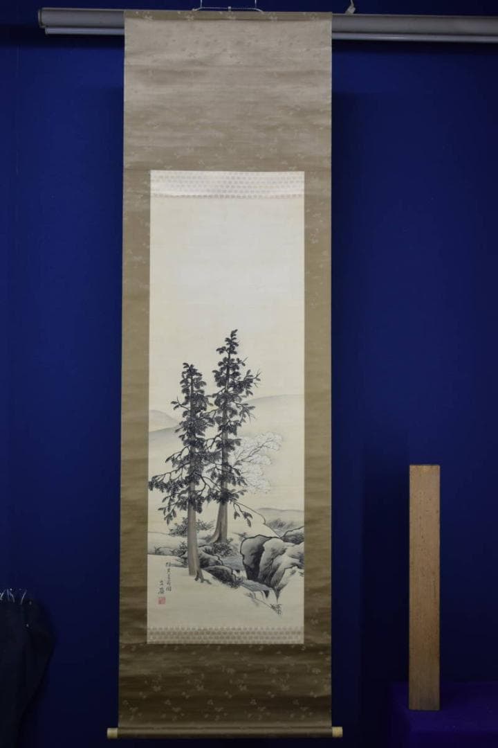 真作/前川文嶺/桜花山水図/絹表装/布袋屋掛軸HG-487