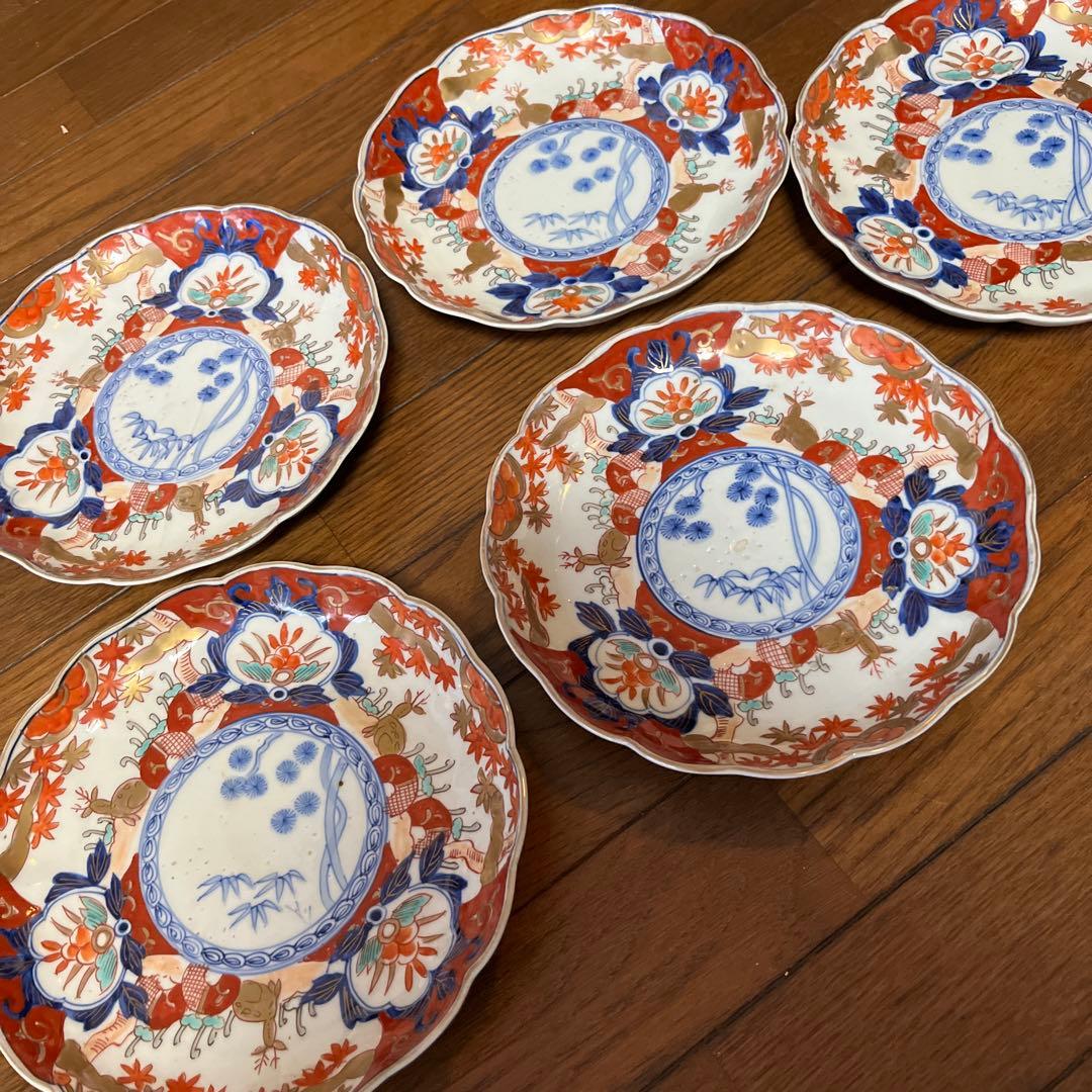 限定最終処分特価　古伊万里色絵大きめ中皿五枚セット完品　シカと紅葉　素敵な食卓