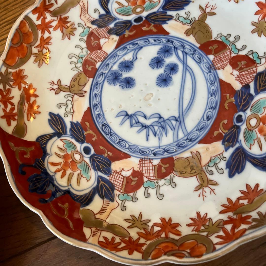 限定最終処分特価　古伊万里色絵大きめ中皿五枚セット完品　シカと紅葉　素敵な食卓