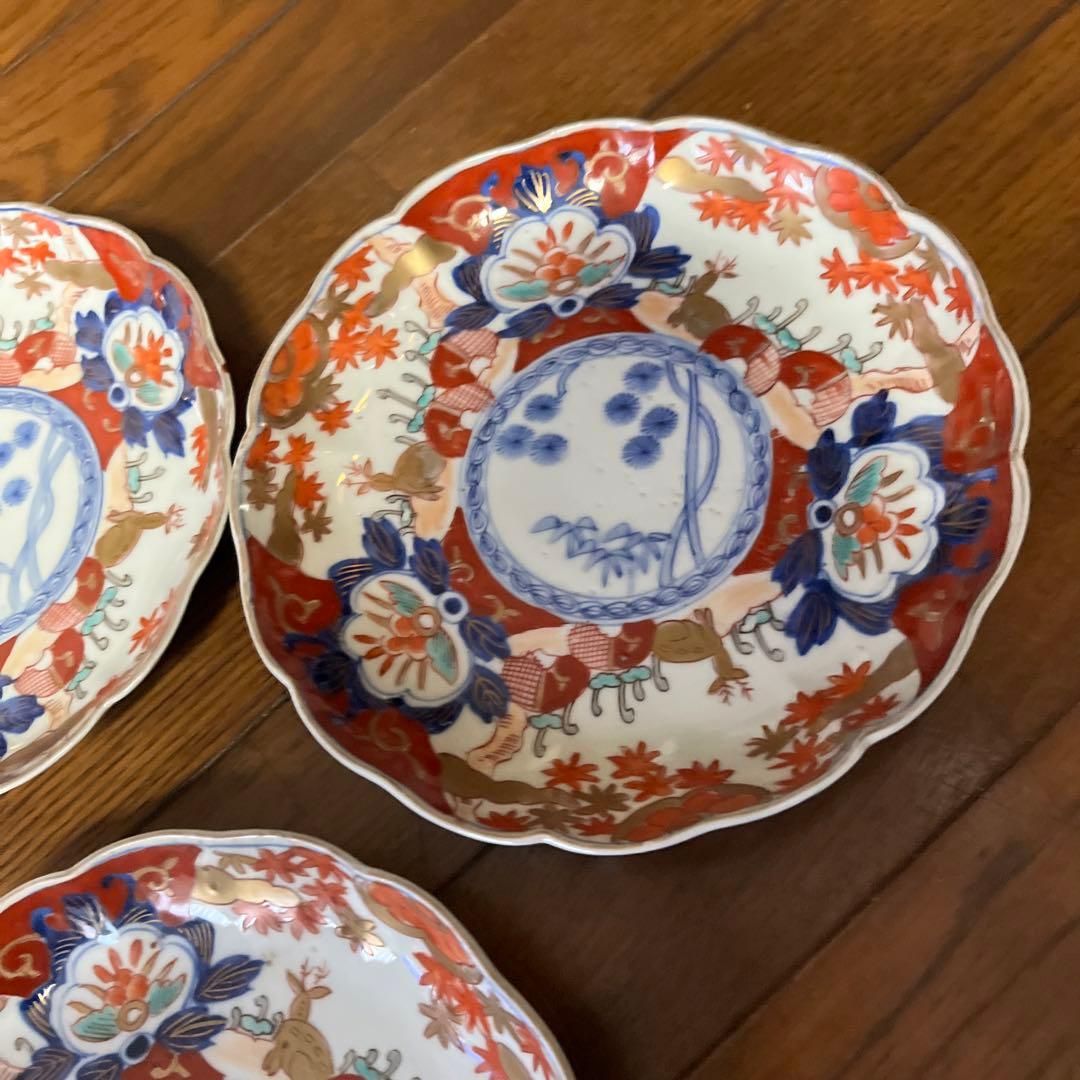 限定最終処分特価　古伊万里色絵大きめ中皿五枚セット完品　シカと紅葉　素敵な食卓