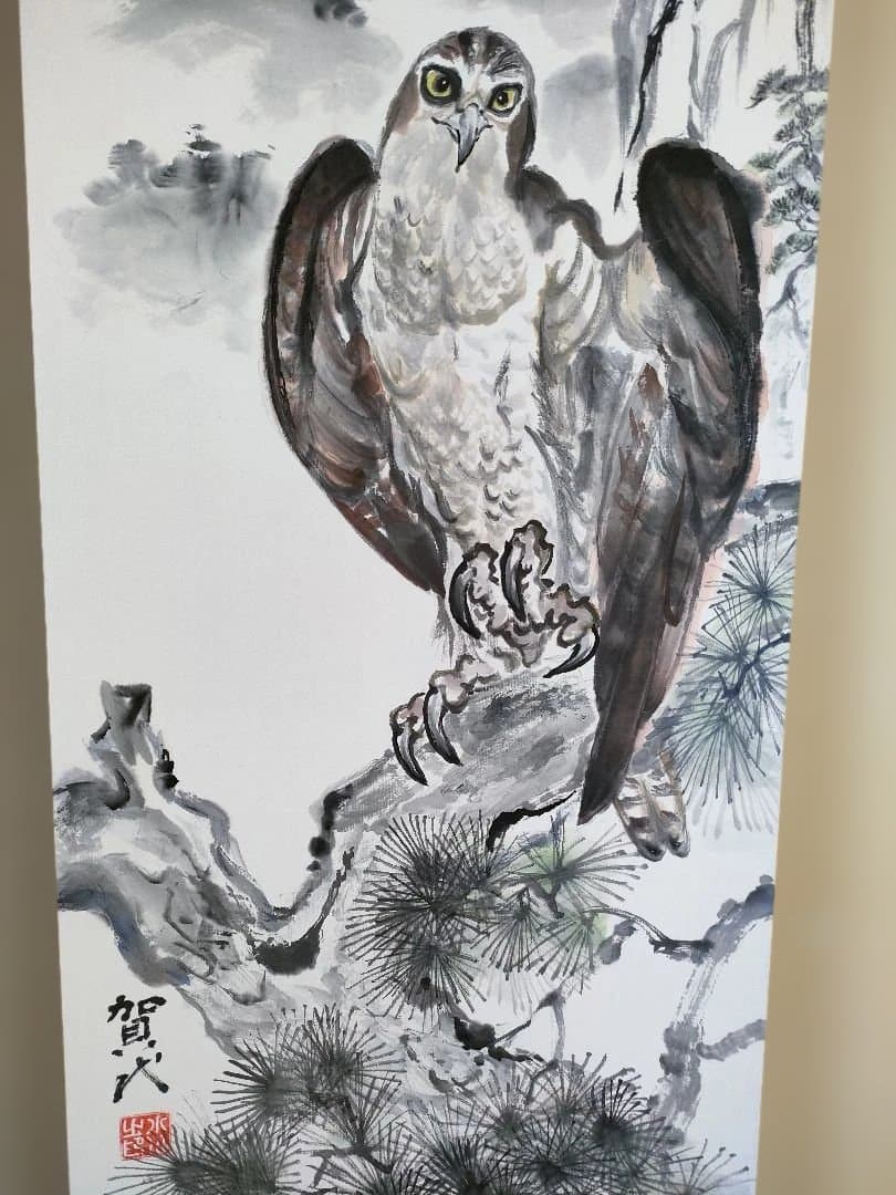 水墨画　墨彩　 鷹 　木製フレーム付き
