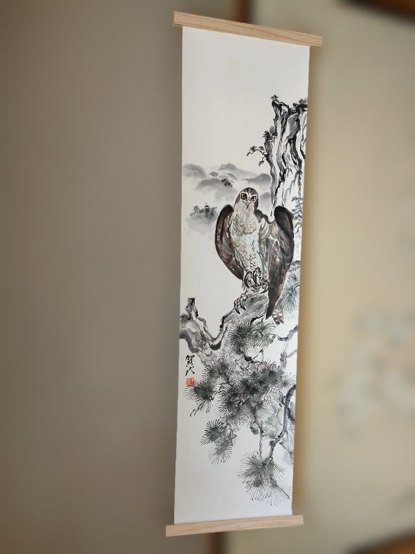水墨画　墨彩　 鷹 　木製フレーム付き