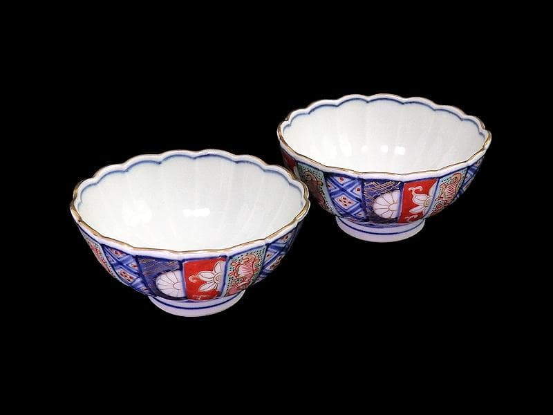 大聖寺伊万里　金襴手　寿紋に輪花豆楕円変形皿　向付　2客　E748AS-CSk