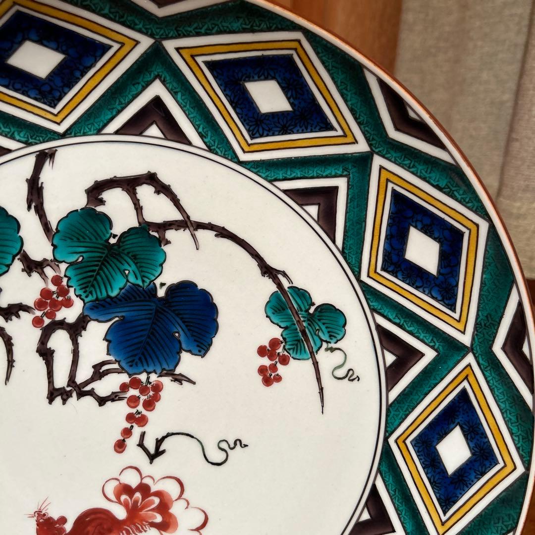 新品②◆古九谷　中島珠光作　多色花模様の円形皿 木箱付き