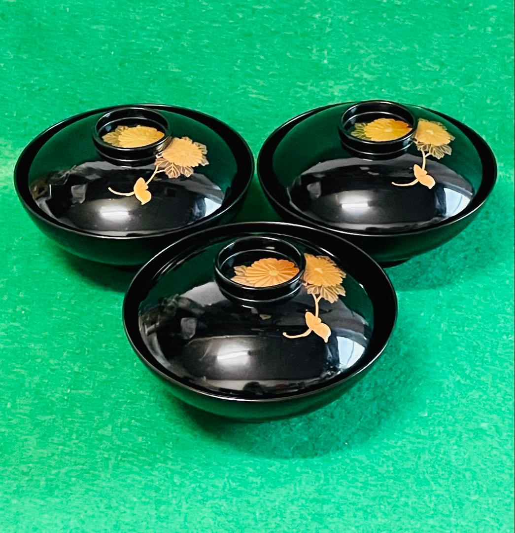 アンティーク明治期木製輪島塗金彩蒔絵蓋付き椀 3個セット