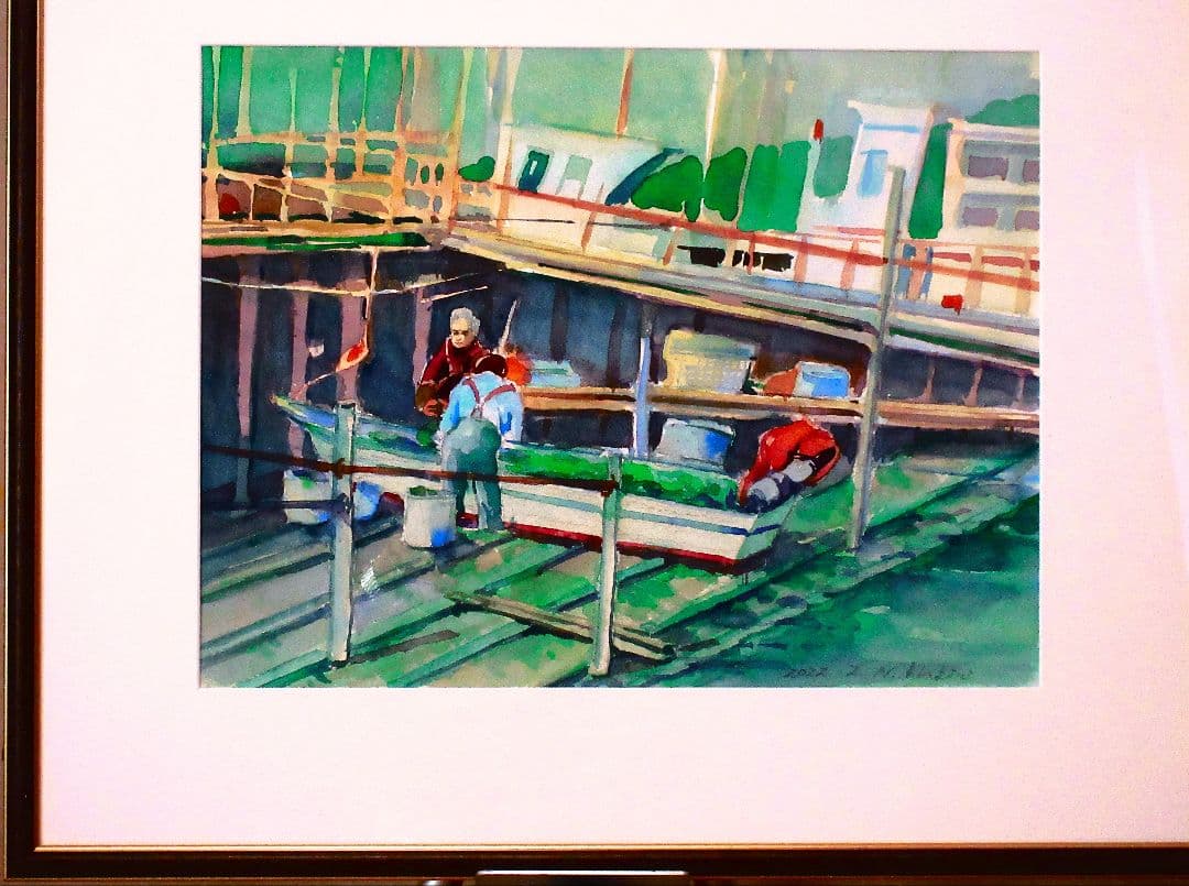 水彩画 漁師と漁船 2012年作 原画 額装済み