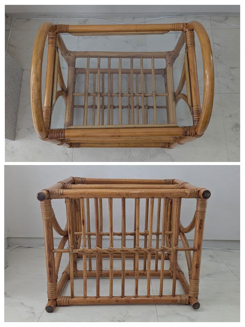 ラタン製 ラック サイド ボード チェスト ガラス天板 藤 ヴィンテージ