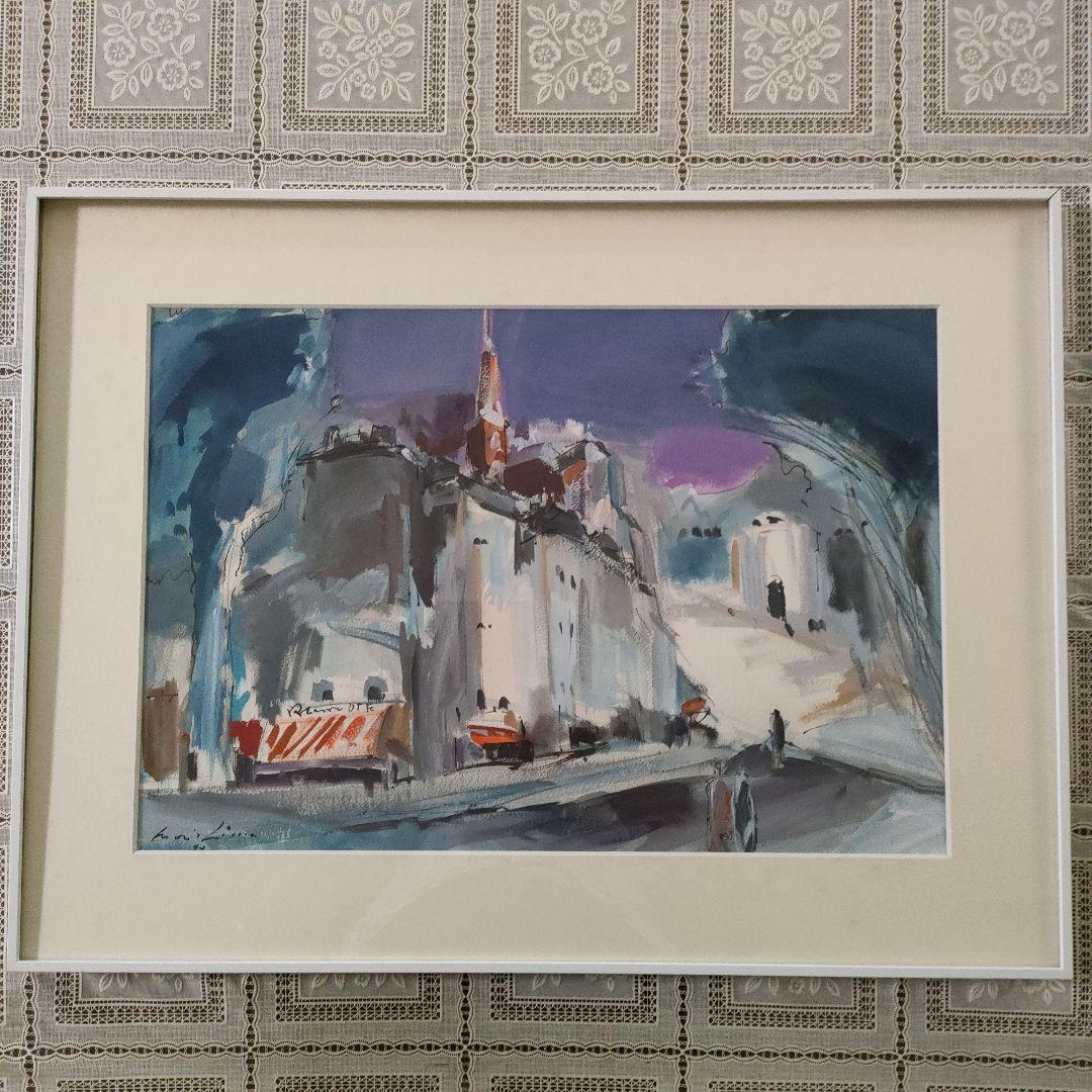 森島澄子　水彩画『街角巴里』1984年制作、直筆サイン入