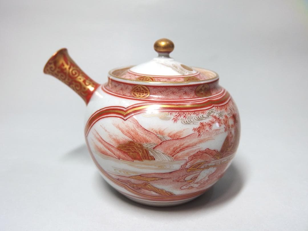 初代中村秋塘作/赤絵人物急須/赤絵細密/共箱/煎茶道具