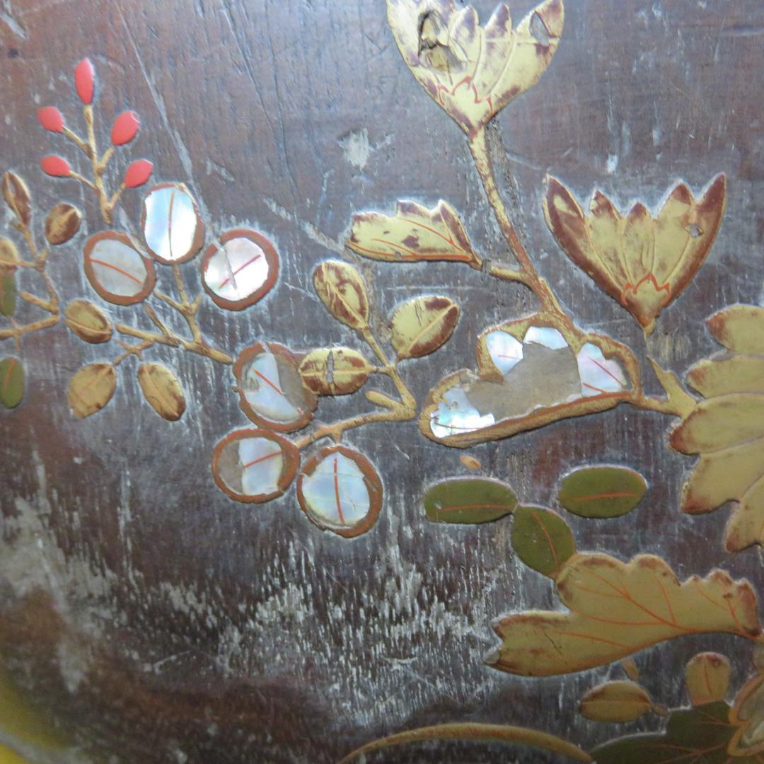 桐火鉢 手あぶり 灰なし 割れ 螺鈿 蒔絵 草花