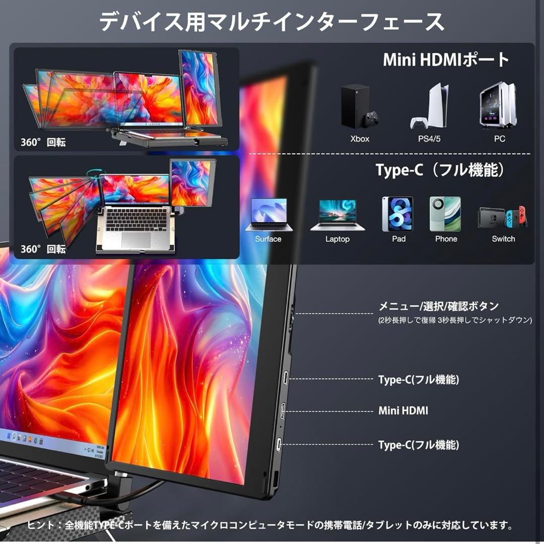 モバイルモニター 2画面 14インチFHD 1080P 360°回転