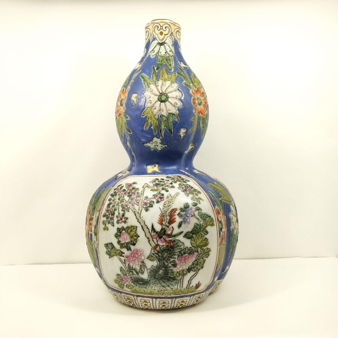 中国 大清同治年製 色絵粉彩花鳥図 瓢箪形花瓶 高さ38cm　EE