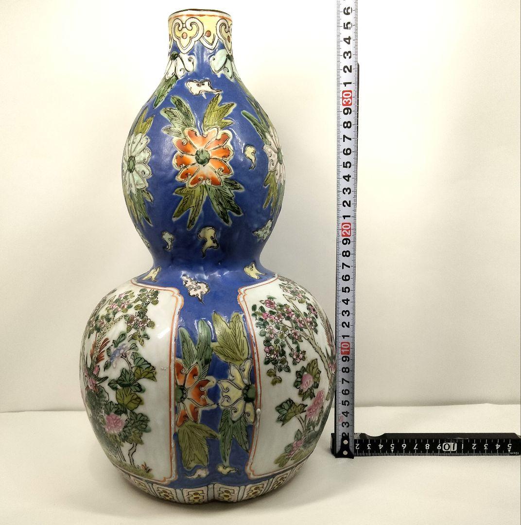 中国 大清同治年製 色絵粉彩花鳥図 瓢箪形花瓶 高さ38cm　EE
