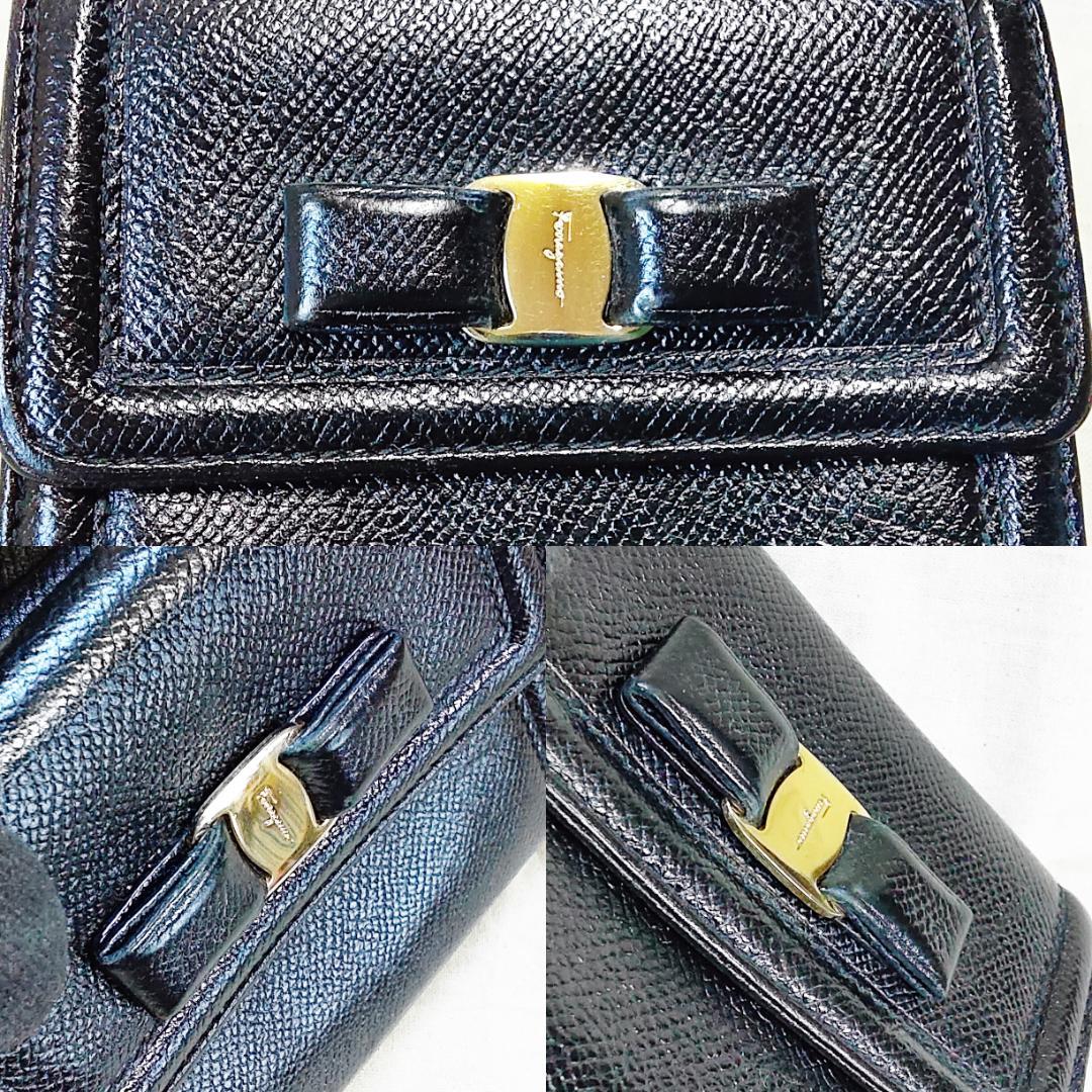 箱付き 良品 フェラガモ Ferragamo 折り財布 ヴァラ リボン ブラック