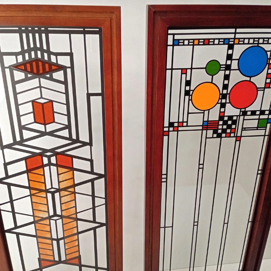 フランクロイドライト ステンドグラス木製枠２枚パレード＆ロビー邸グラスマスターズ