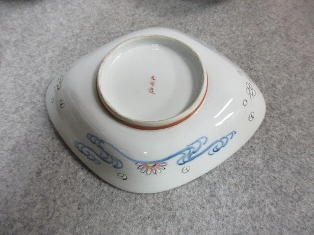 九谷焼 色絵 菱形皿 5枚 [B23056] 月夜の鵜飼 小皿 古玩 古美術