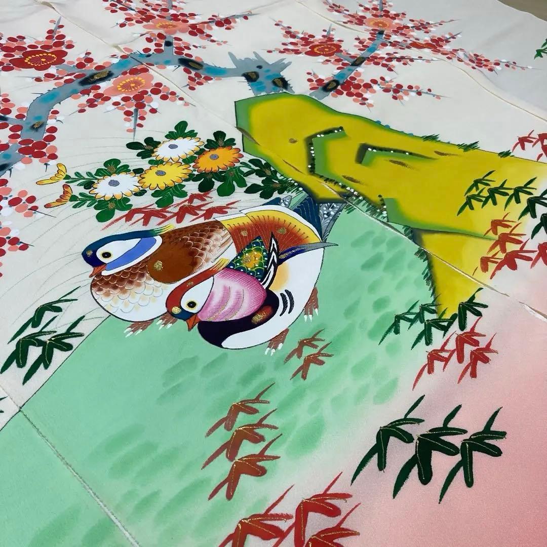 花嫁のれん　加賀染　絹　おしどり　梅　竹の葉