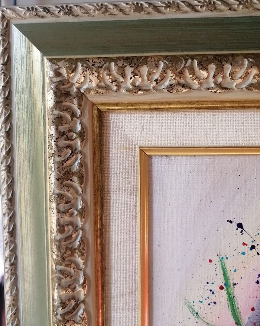 絵画　アクリル絵　キャンバス　額縁 人物画　花　蝶々