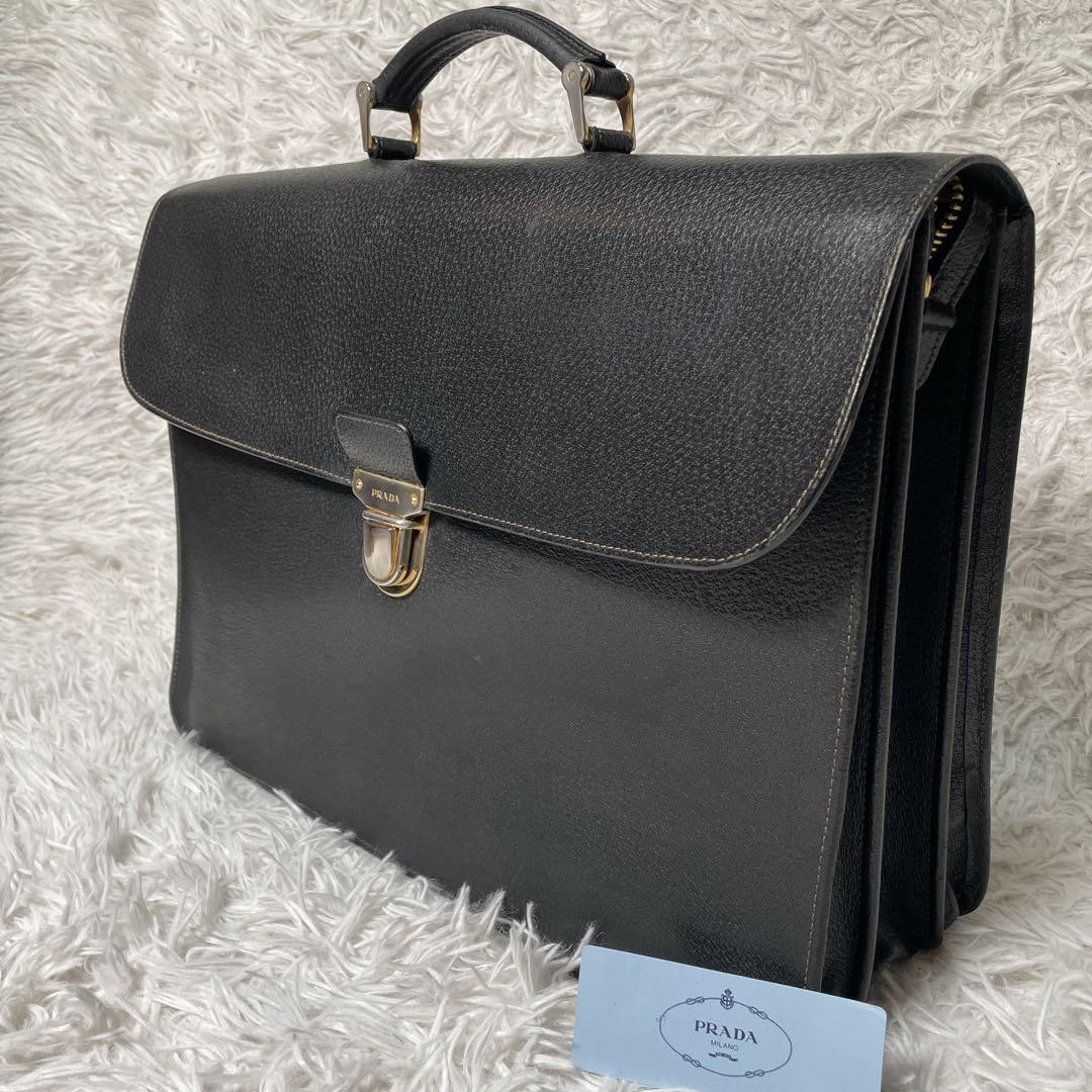 PRADA プラダ　ビジネスバッグ　レザー　ブラック　黒　本革　シボ革
