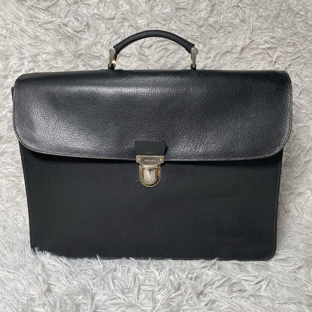 PRADA プラダ　ビジネスバッグ　レザー　ブラック　黒　本革　シボ革