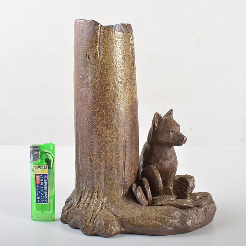 備前焼　人間国宝　金重陶陽作　犬飾り壺　花瓶　追悼30周年展冊子付　MR7258