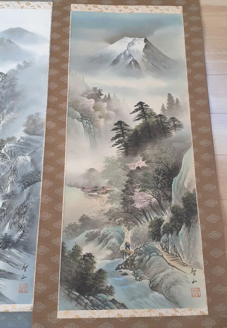 葛谷聖山　春夏秋冬 四季山水図　肉筆絹本　四幅掛軸　共箱　美品