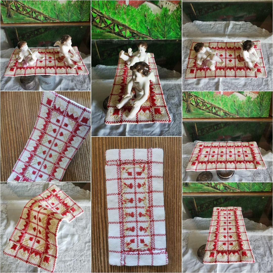 アンティークフランス アルザスチェック 花や葉の手刺繍ドイリー レッド＆ライム