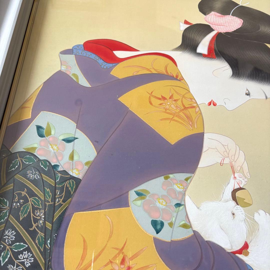 堀江浮水 (堀江豊生)「愛猫」額装 共シール 美人画 日本画 A