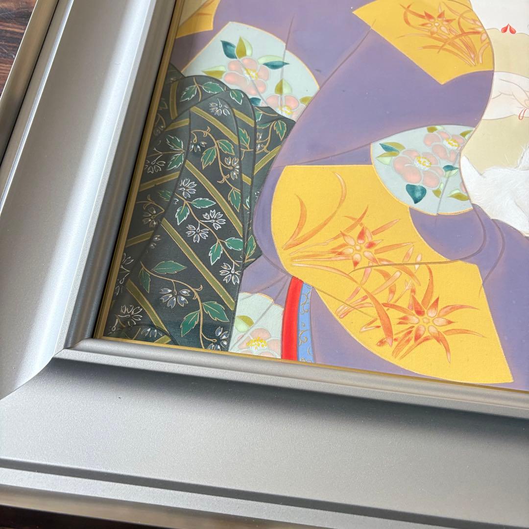 堀江浮水 (堀江豊生)「愛猫」額装 共シール 美人画 日本画 A