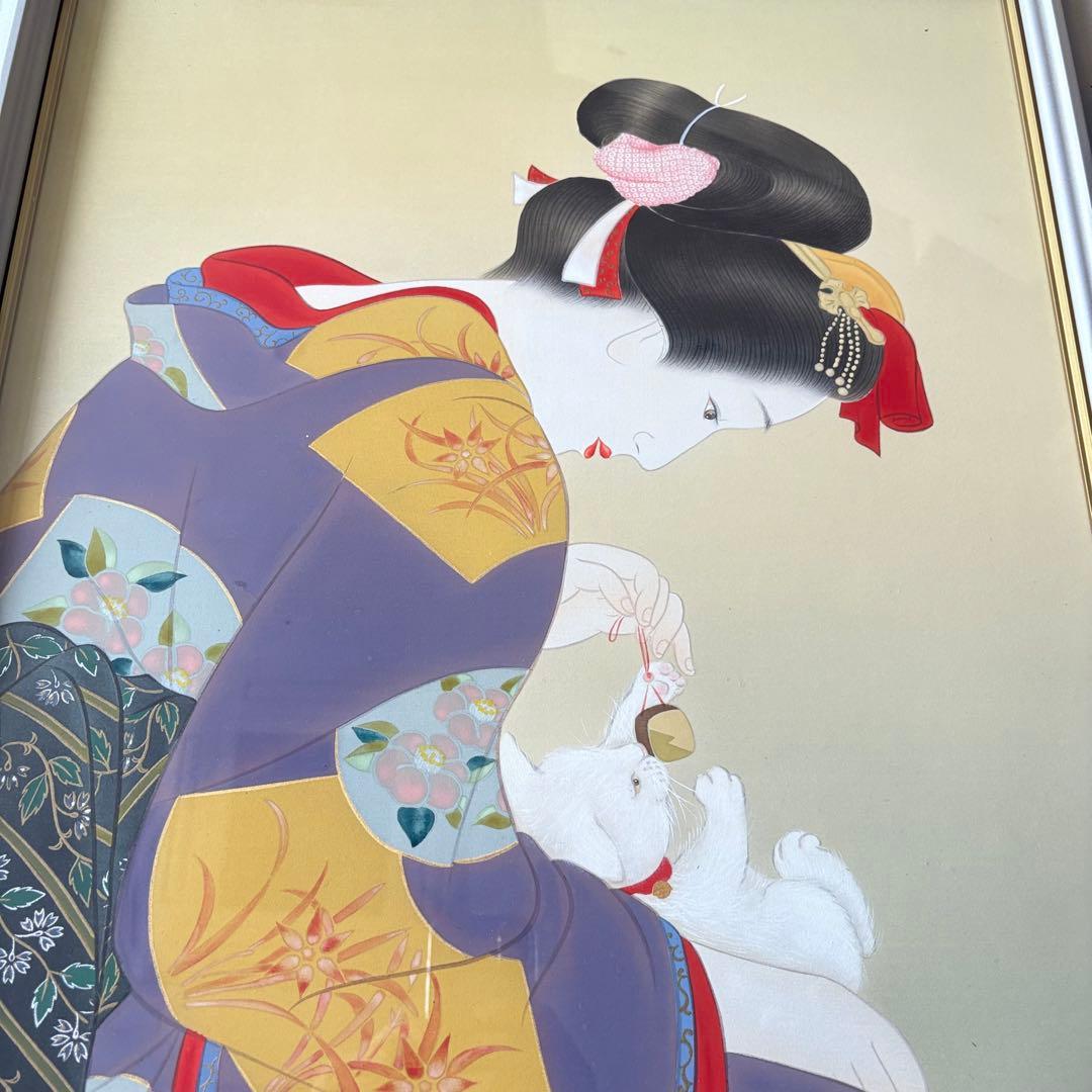 堀江浮水 (堀江豊生)「愛猫」額装 共シール 美人画 日本画 A