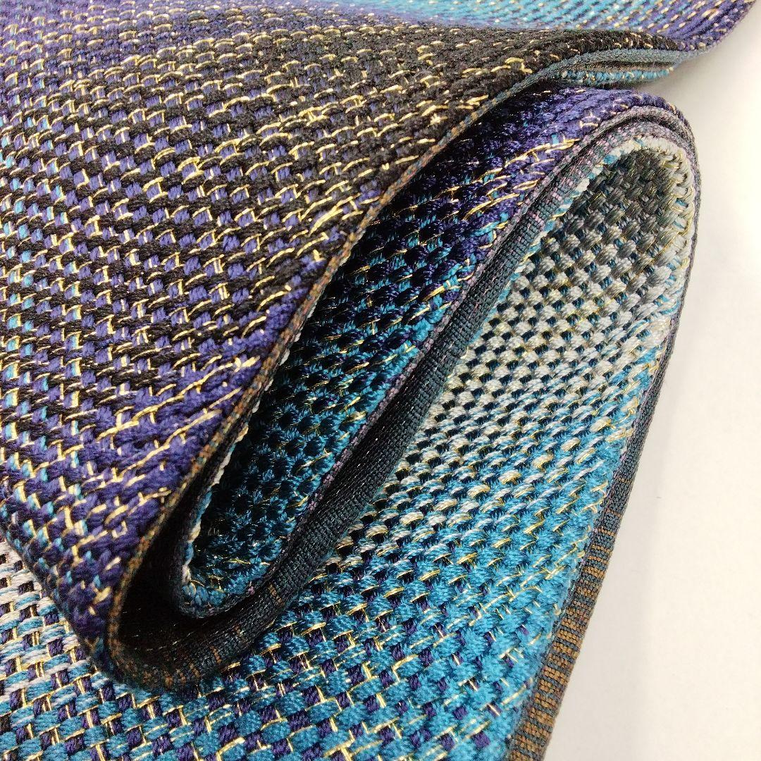 本手組細帯 風繭結 半幅帯　金糸 ブルー　組工房まえだ　 西陣　　 #4948