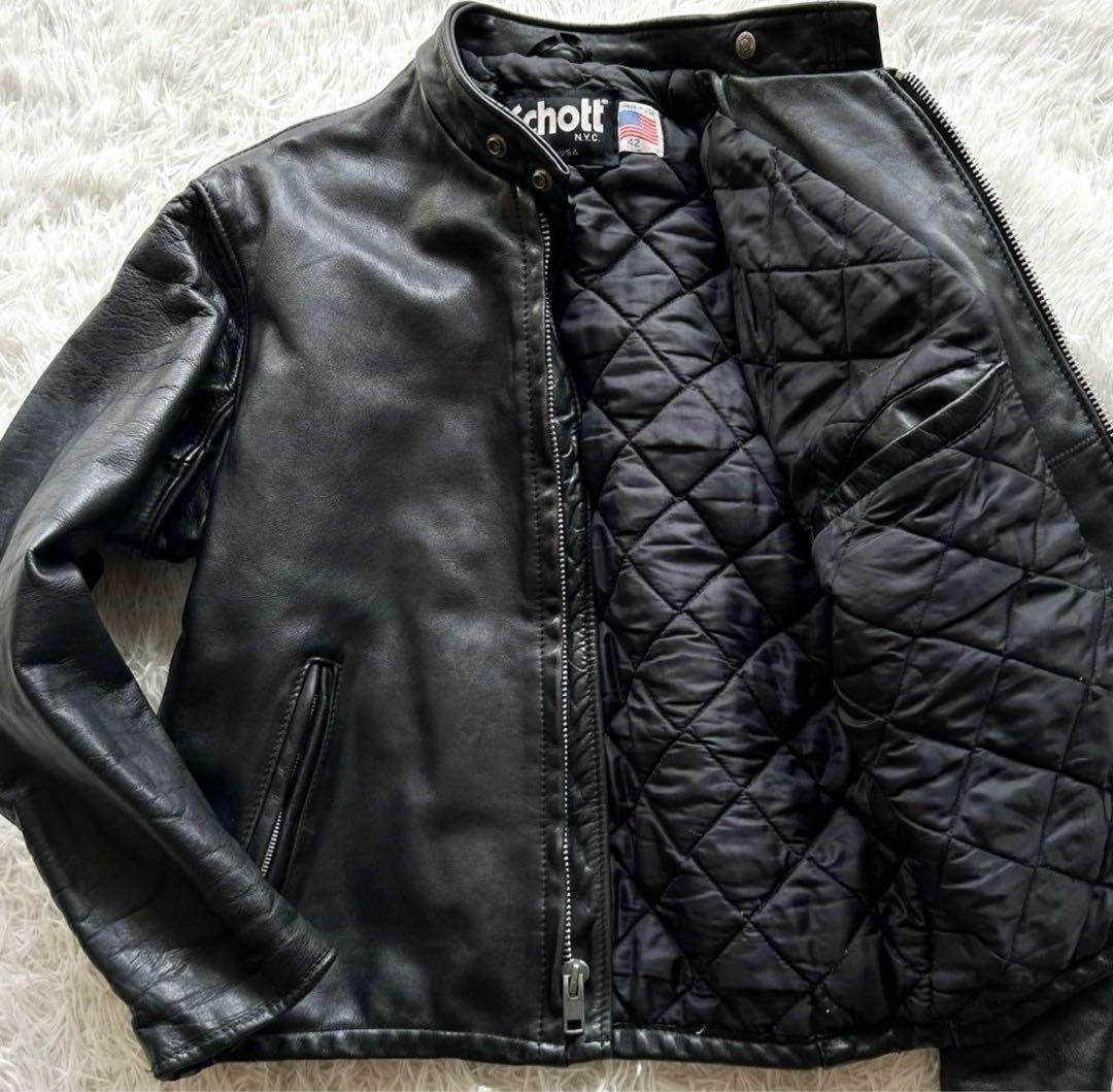 希少42サイズ！！ショット　シングルライダースジャケット　キルティング　黒
