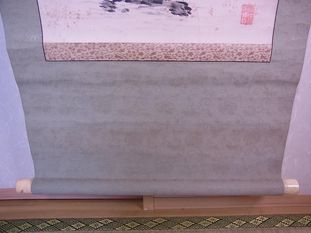 掛軸　『松溪吟行之図』竹雨山人　箱付