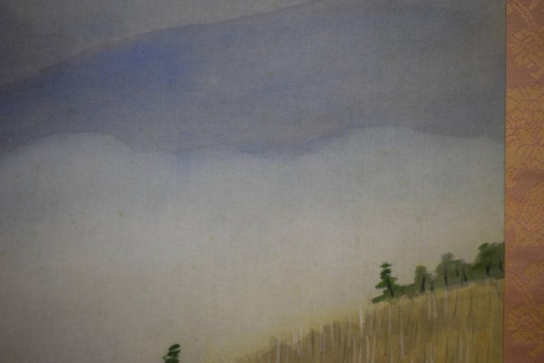 真作/湯上呂久/春耕/山水人物図/桐共箱付/布袋屋掛軸HH-869