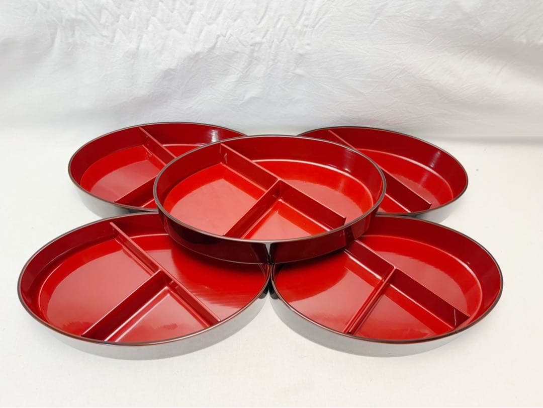 未使用 懐石道具 木製溜塗 小判型 幕の内 弁当箱5客組 内朱 紙箱