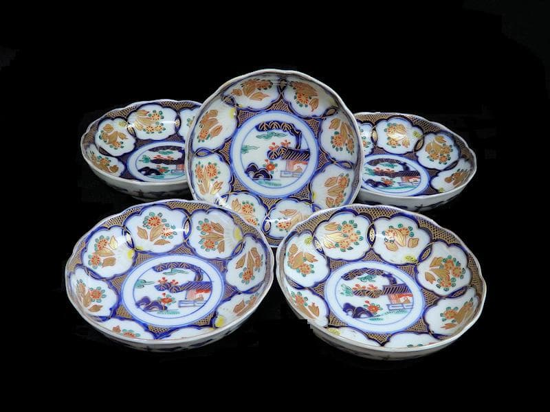 古伊万里　金襴手　陽刻　窓絵　花の図　膾皿　５客　E113AS-fbfr