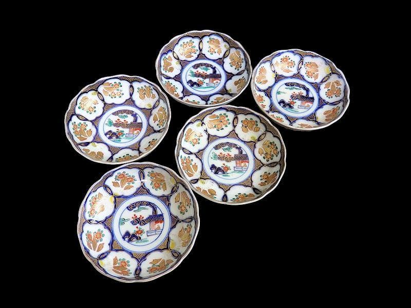 古伊万里　金襴手　陽刻　窓絵　花の図　膾皿　５客　E113AS-fbfr