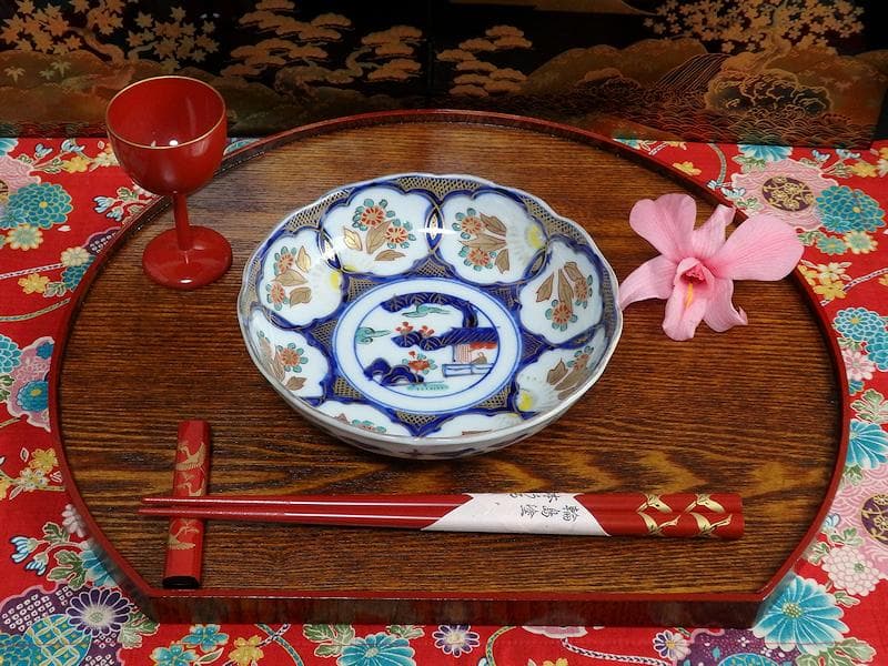 古伊万里　金襴手　陽刻　窓絵　花の図　膾皿　５客　E113AS-fbfr