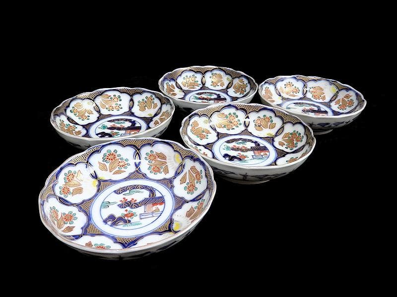 古伊万里　金襴手　陽刻　窓絵　花の図　膾皿　５客　E113AS-fbfr