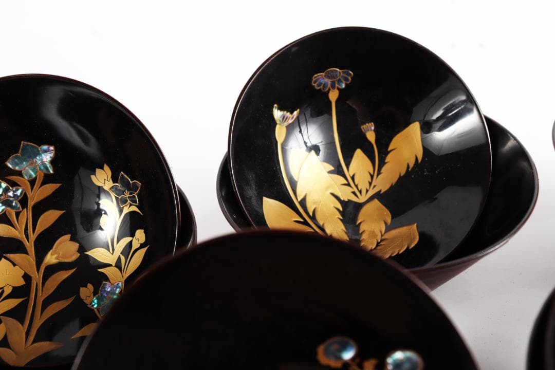 糸目 内梨地 螺鈿 花 図替 吸物椀 五客 蒔絵椀 懐石道具②