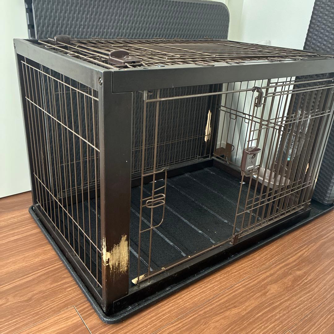 天然木　伸縮木製スライドペットサークル ダークブラウン　屋根・トレイ付き