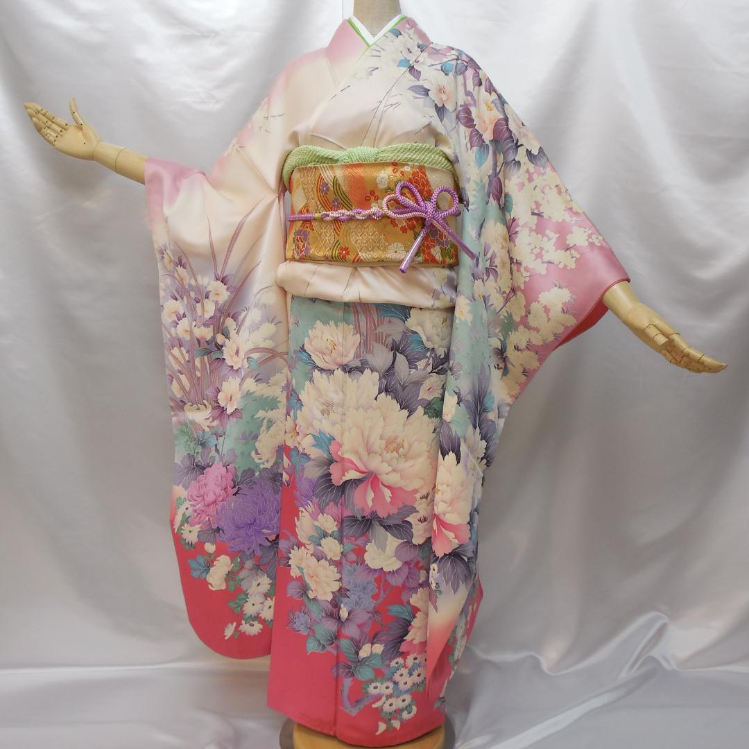 美品★振袖フルセット　正絹　成人式　振袖　7点セット　Mサイズ　ピンク　花柄